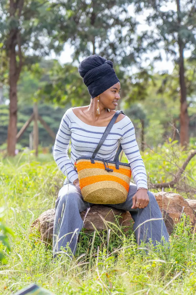 Beige and orange striped  Kiondo bag-Size 10