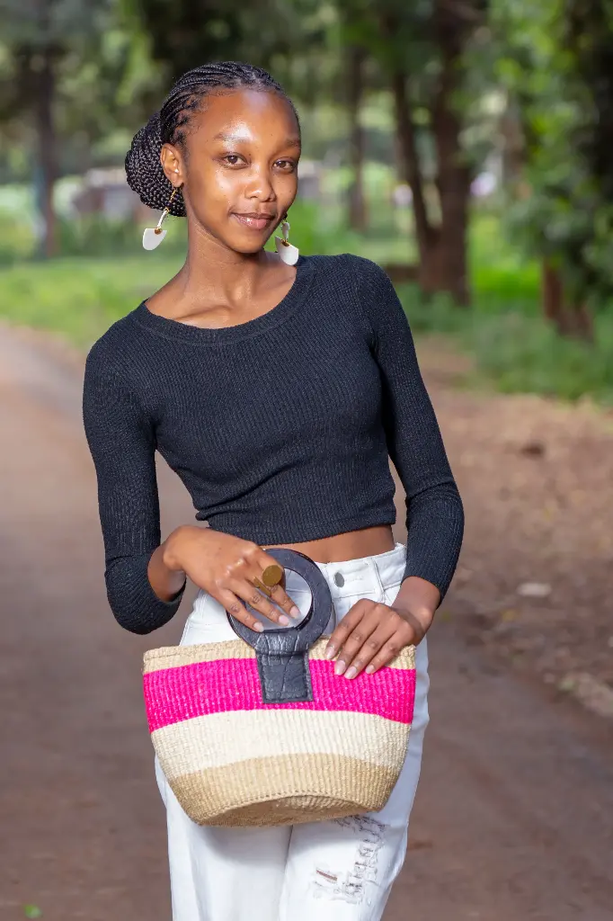 Beige, pink and white striped minimalist kiondo bag -Size 6