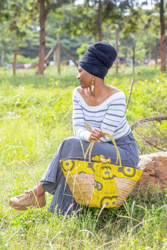 Yellow ankara print shopping basket with beaded handles.