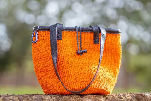 Orange kiondo bag with leather binding -Size 10