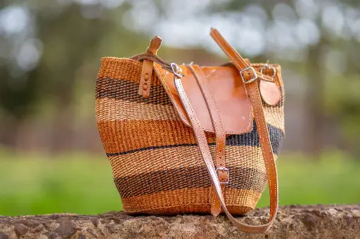 Brown striped Kiondo with leather flap