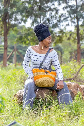 Beige and orange striped  Kiondo bag-Size 10